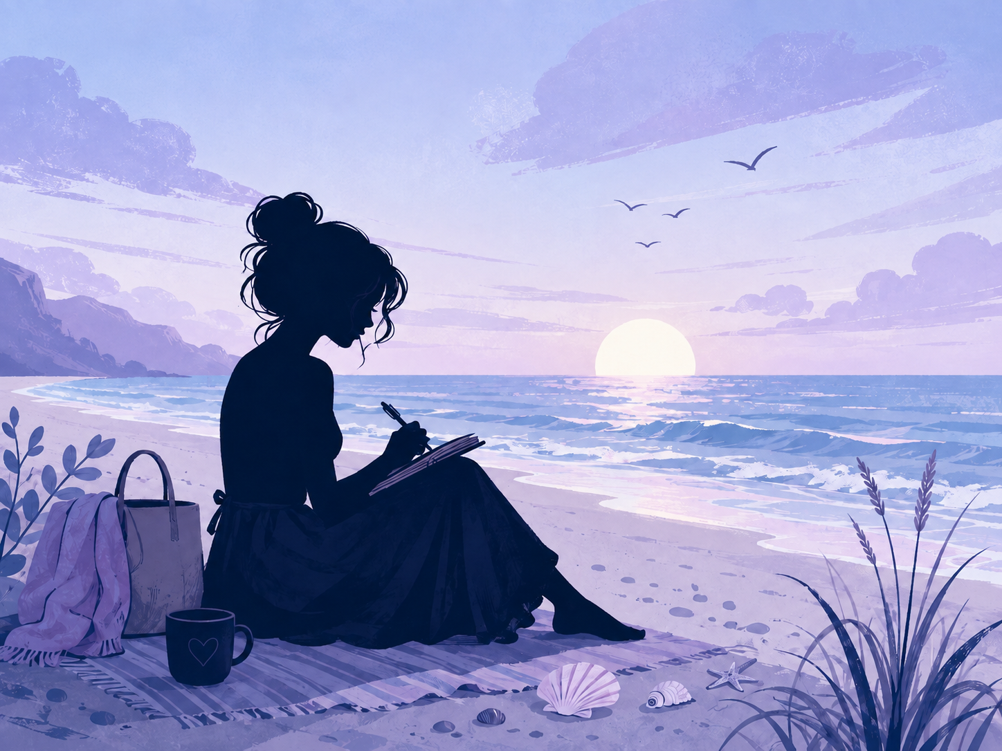 Illustration of a writer reflecting by the ocean